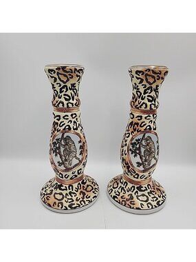 Vintage Monkey Animal Print Candlestick Holders Ceramic 9.5" Set Of 2 Pair